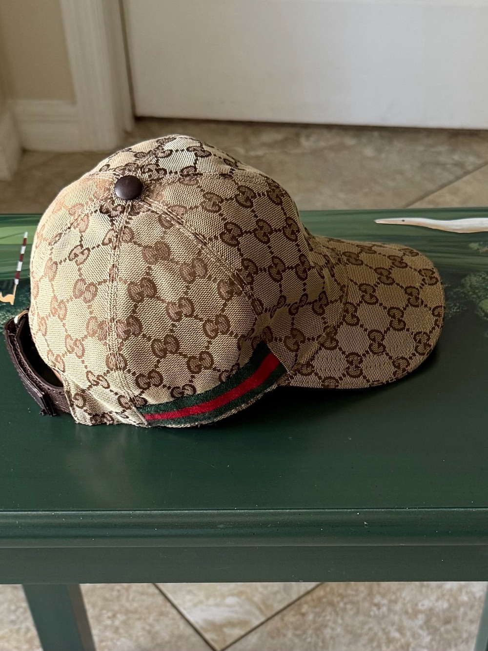 Gucci Beige and Brown Monogram Baseball Cap with Red & Green Stripe